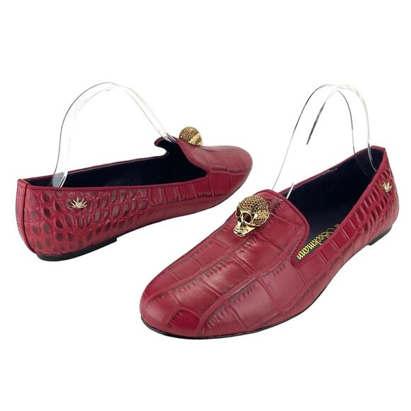 Rare New Red Flat/Loafer Sz 9/39 Jeweled Skull Alligator Leather Karen Beckmann - Picture 1 of 14
